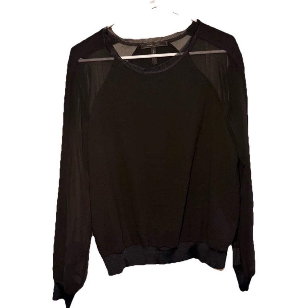 BCBGMAXAZRIA Women's Black Blouse Size S EUC Sheer Long Sleeve Top